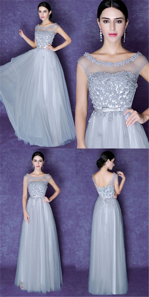 Popular Scoop Gray Lace Top Tulle Beauty A-line Elegant Evening Party Prom Dresses,PD0183