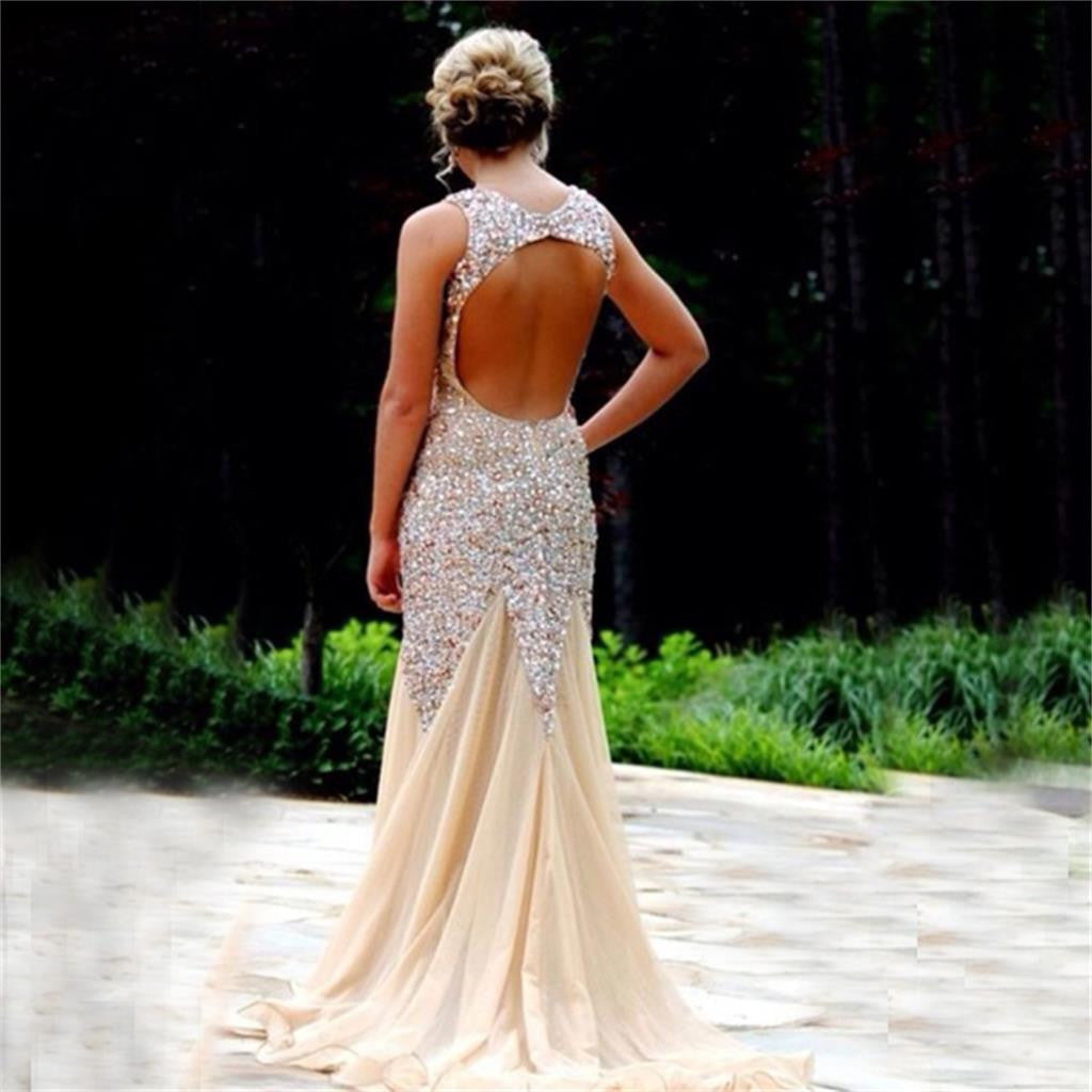 Sparkle V-neck Sleeveless Open Back Mermaid Prom Dresses,PD0037