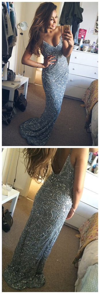 Spaghetti Straps Sexy Backless V-neck Charming Beading Long Column Sweep Trailing Party Prom Dress,PD0057
