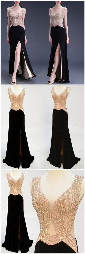 Elegant V-neck Sleeveless Split Side Beading Long Prom Dresses,PD0086
