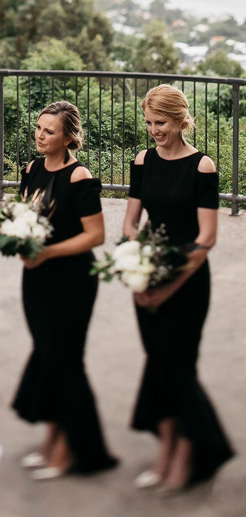 Black Jersey Short Sleeve High Low Mermaid Bridesmaid Dresses,DB127