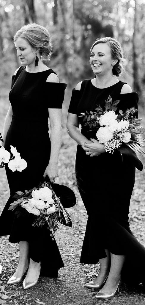 Black Jersey Short Sleeve High Low Mermaid Bridesmaid Dresses,DB127