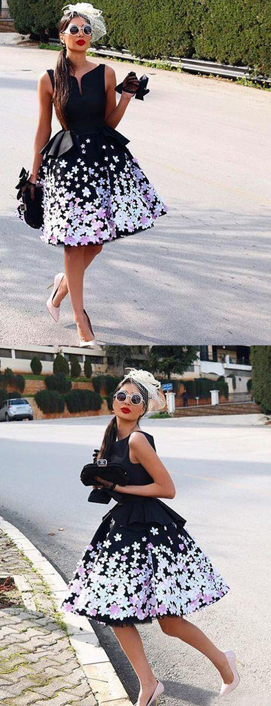 Black Satin Pink Floral Appliques Homecoming Dresses,BD0189