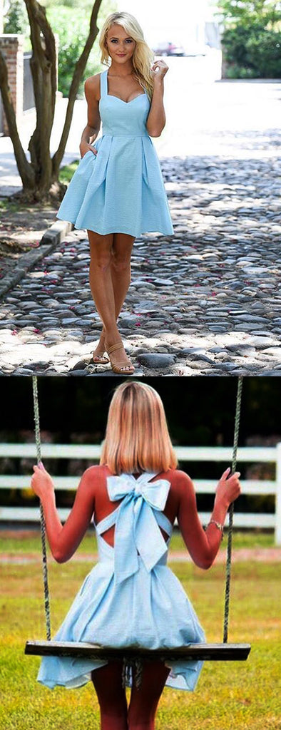 Blue Satin Open Back With Bowknot Cute Homecoming Dresses,BD0210
