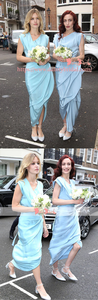 Blue Sparkly Satin Sheath Cap Sleeve Bridesmaid Dresses With Front Split,DB111