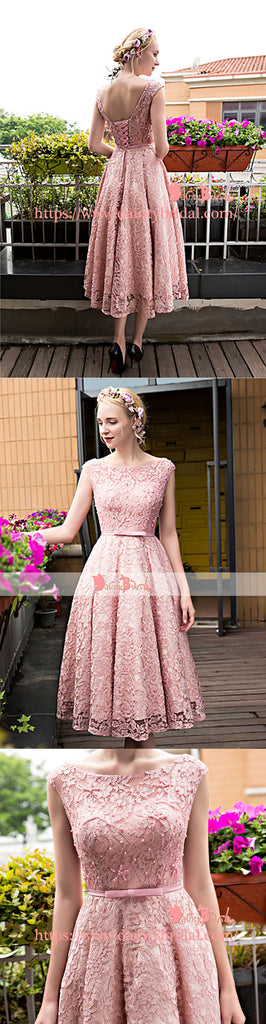 Blush Pink Lace With Beads Cap Sleeve Lace Up Back Homecoming Dresses,BD0166