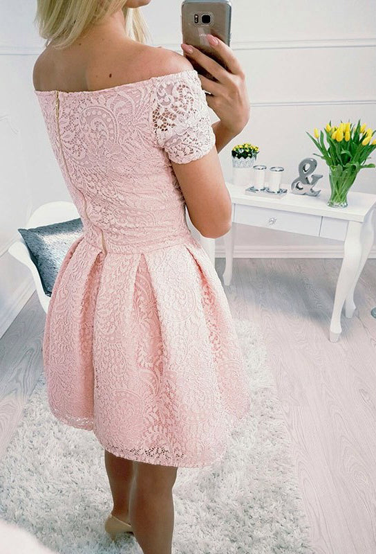 Blush Pink Off Shoulder Lace Homecoming Dresses,BD0172