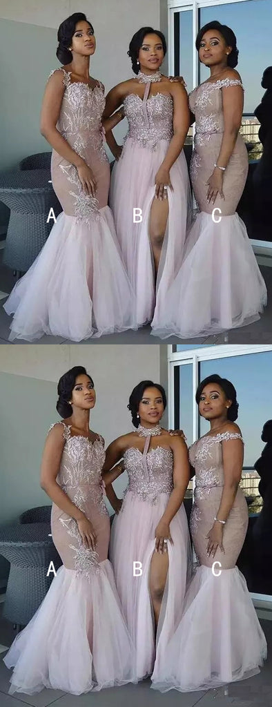 Dusty Pink Tulle Applique Mismatched Mermaid Bridesmaid Dresses,DB135