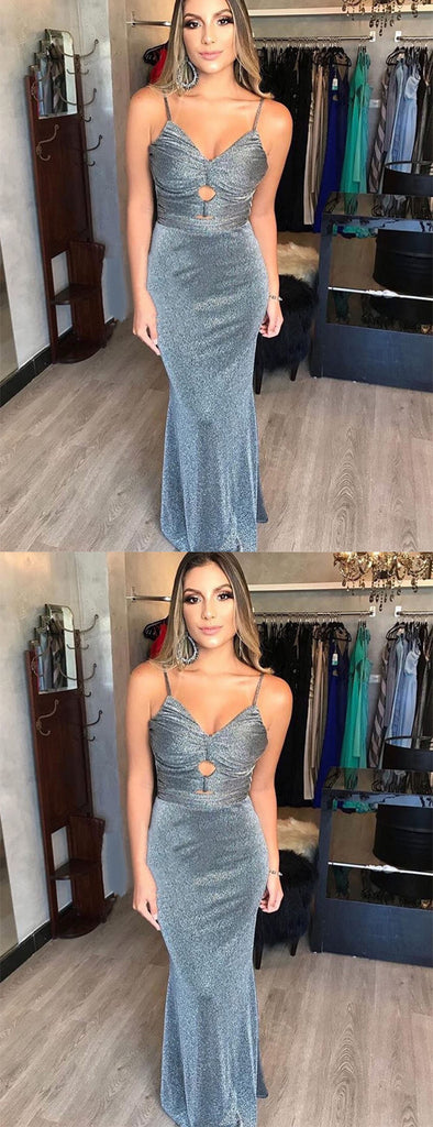 Elegant Grey Spaghetti Strap Tight Sheath Long Unique Prom Dresses, DB1114