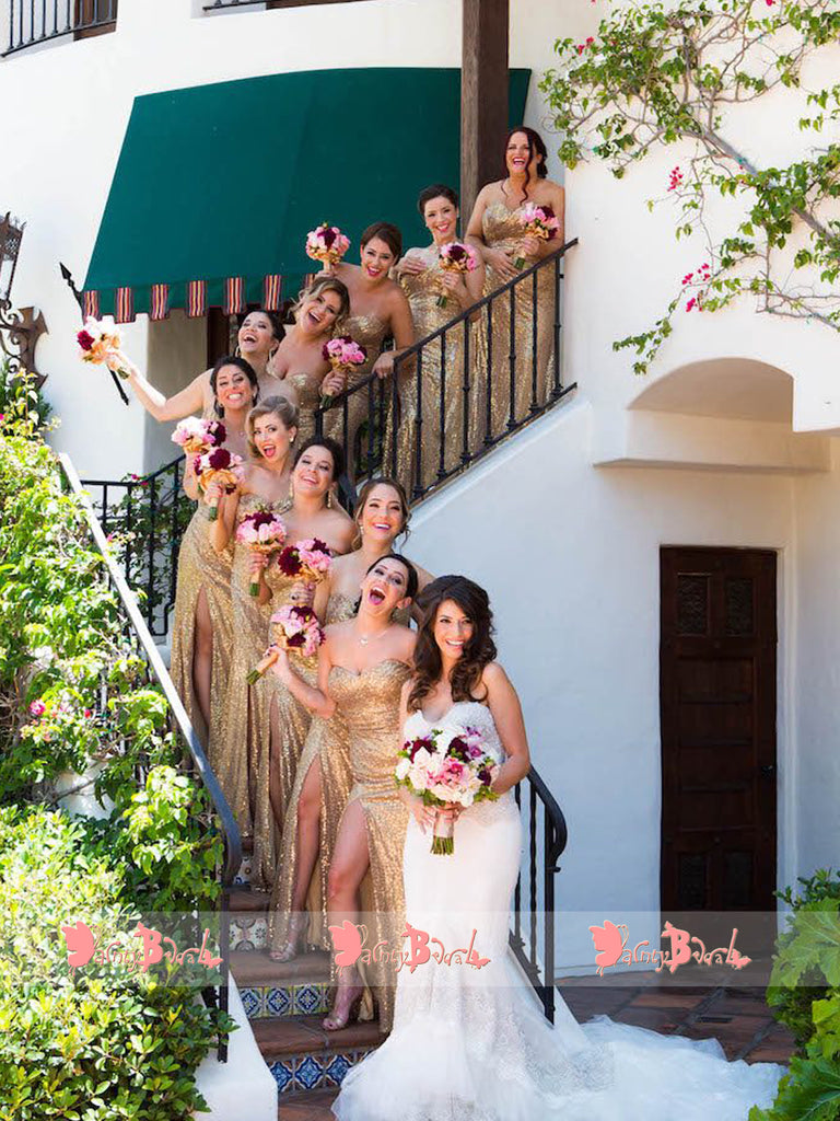 Gold Sequin Sweetheart Strapless Mermaid Bridesmaid Dresses With High Splits,DB117