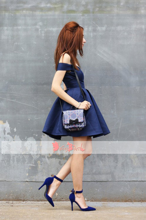 Fashion Off Shoulder Royal Blue Satin Simple Cheap Homecoming Dresses,BD0158