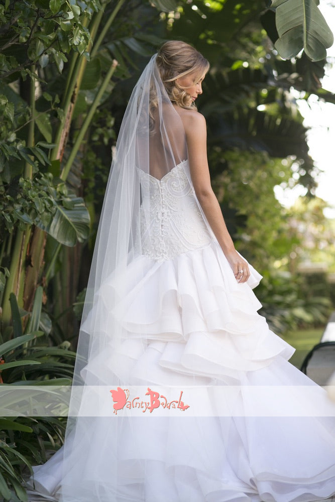 Gorgeous Beads Lace Sweetheart Strapless Ruffles Tiered Organza Wedding Dresses,DB0141