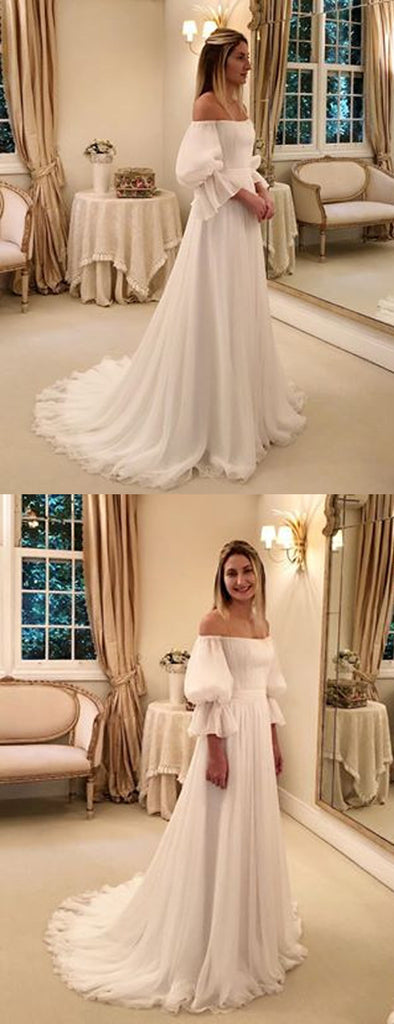 Ivory Chiffon Off Shoulder A-line Boho Beach Wedding Dresses,DB0159