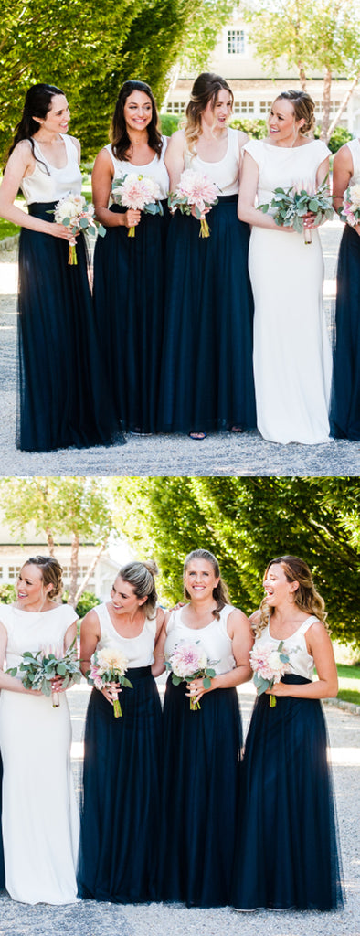Ivory Jersy Top Navy Tulle Scoop Neck A-line Bridesmaid Dresses,DB143