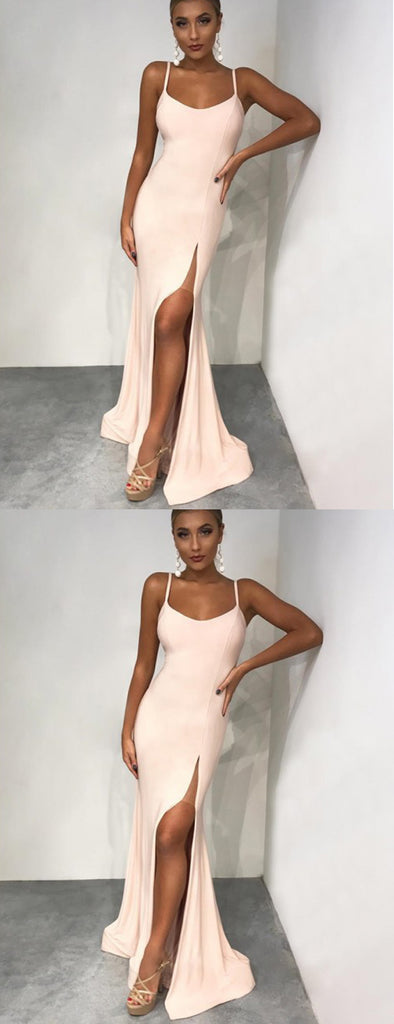 Light Pink Spaghetti Strap Side Slit Sheath Long Cheap Prom Dresses, DB1106