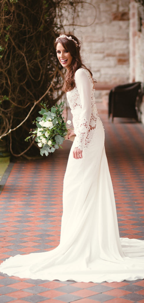 Long Sleeve See Through Lace Open Back Mermaid With Train Wedding Dresses,DB0162