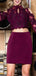 Maroon Two Piece Lace Beading Sheath Long Sleeve Homecoming Dresses,BD0197