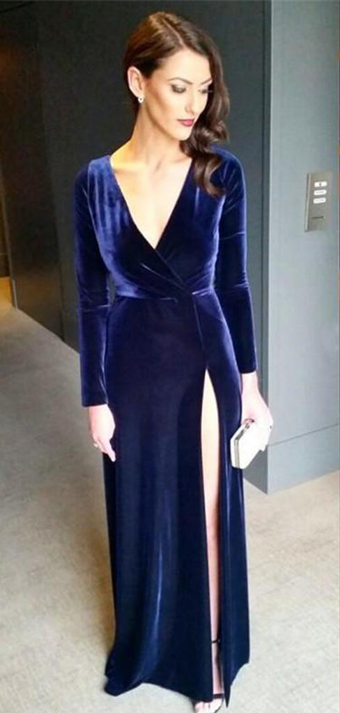 Navy Velvet Long Sleeves V-neck Sheath Silt Porm Dresses, DB1122