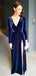 Navy Velvet Long Sleeves V-neck Sheath Silt Porm Dresses, DB1122