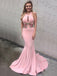 Pink Satin Applique Halter Mermaid Prom Dresses, DB1078