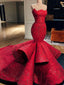 Red Beading Satin Tiered Mermaid Strapless Prom Dresses, DB1090