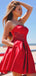 Red Soft Satin Sweetheart Strapless With Bow Applique Pockets Homecoming Dresses,BD0207