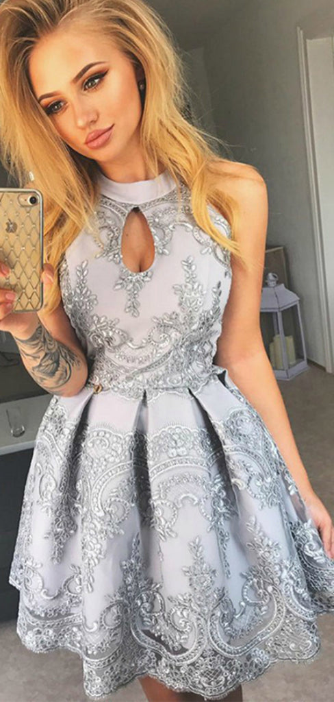 Silver Lace Halter Charming Short Homecoming Dresses ,BD0177