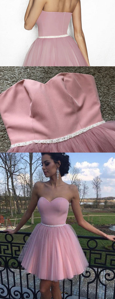 Simple Dusty Pink Tulle Sweetheart Strapless With Beaded Sash Homecoming Dresses,BD0209