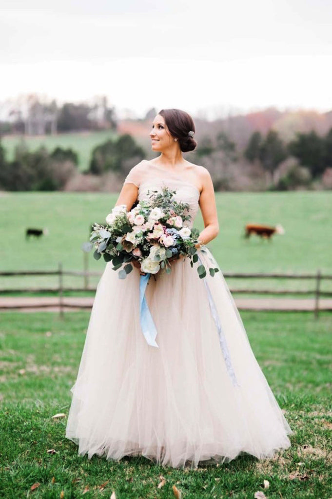 Simple Tulle One Shoulder Ball Gown Cheap Wedding Dresses ,DB0157