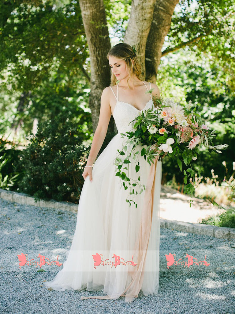 Spaghetti Straps Ivory Lace Tulle Halter Beach Wedding Dresses,DB0145