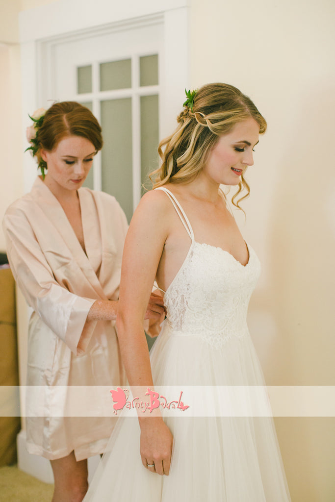 Spaghetti Straps Ivory Lace Tulle Halter Beach Wedding Dresses,DB0145