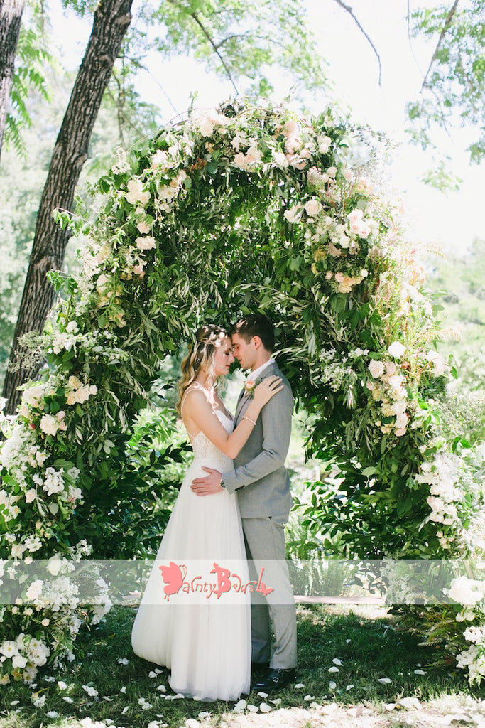 Spaghetti Straps Ivory Lace Tulle Halter Beach Wedding Dresses,DB0145