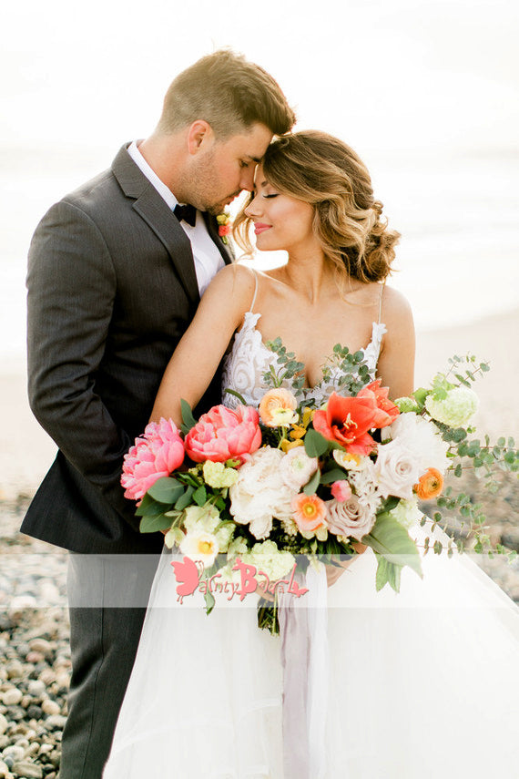 Spaghetti Straps Lace Top Tulle V-neck Beach Wedding Dresses,DB0135