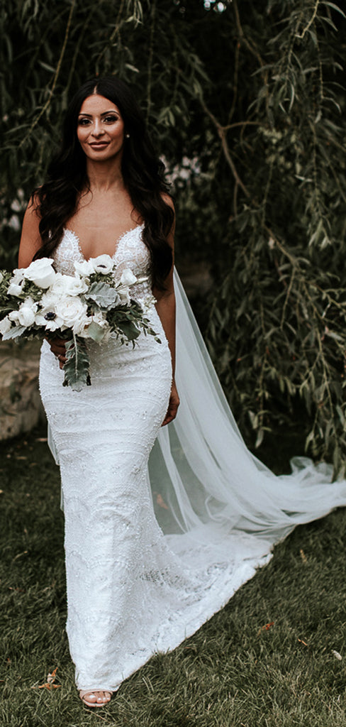 Stunning Lace Shiny Beads Spaghetti Strap Mermaid Fashion Wedding Dresses,DB0179