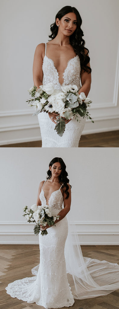 Stunning Lace Shiny Beads Spaghetti Strap Mermaid Fashion Wedding Dresses,DB0179