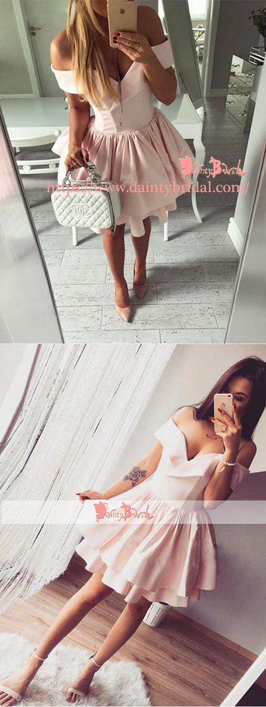 Sweet Pink Popular Off Shoulder Tiered Bottom Simple Cheap Homecoming Dresses,BD0159