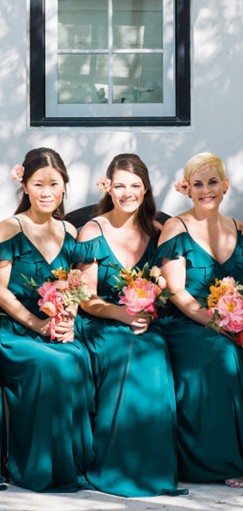 Teal Chiffon Saghetti Strap Off Shoulder Long Bridesmaid Dresses,DB144
