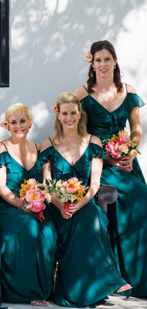 Teal Chiffon Saghetti Strap Off Shoulder Long Bridesmaid Dresses,DB144