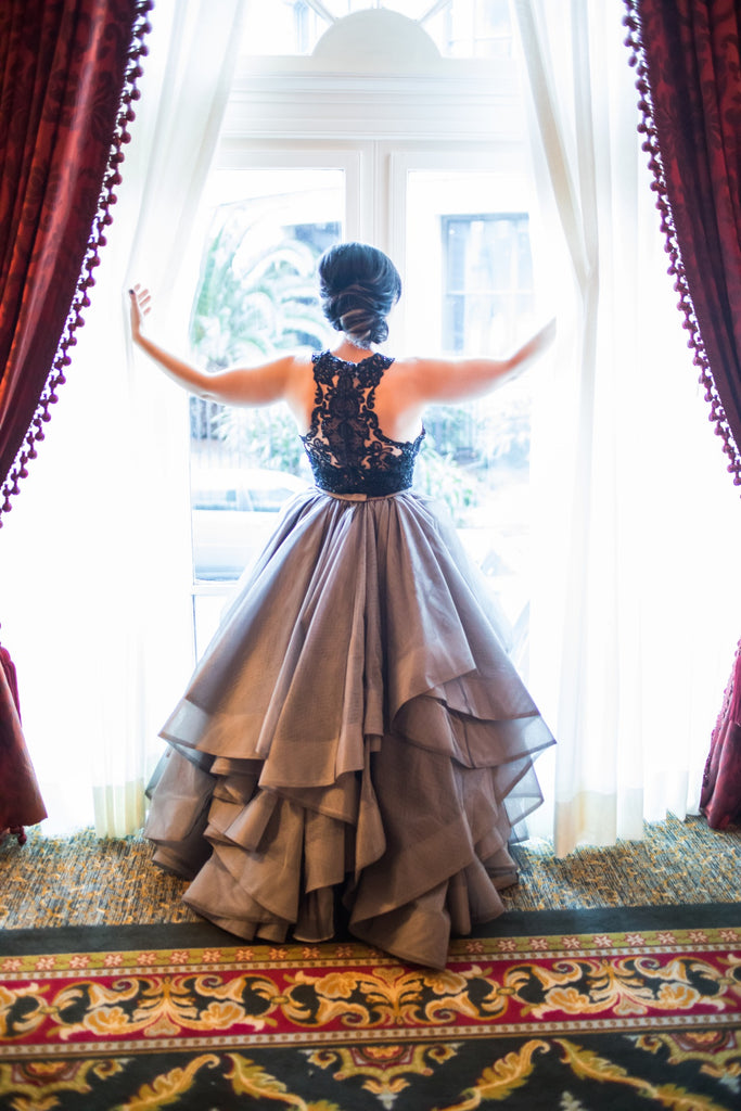 Two Piece Black Lace With Sequin Grey Organza Ruffles Ball Gown Wedding Dresses,  WD0097