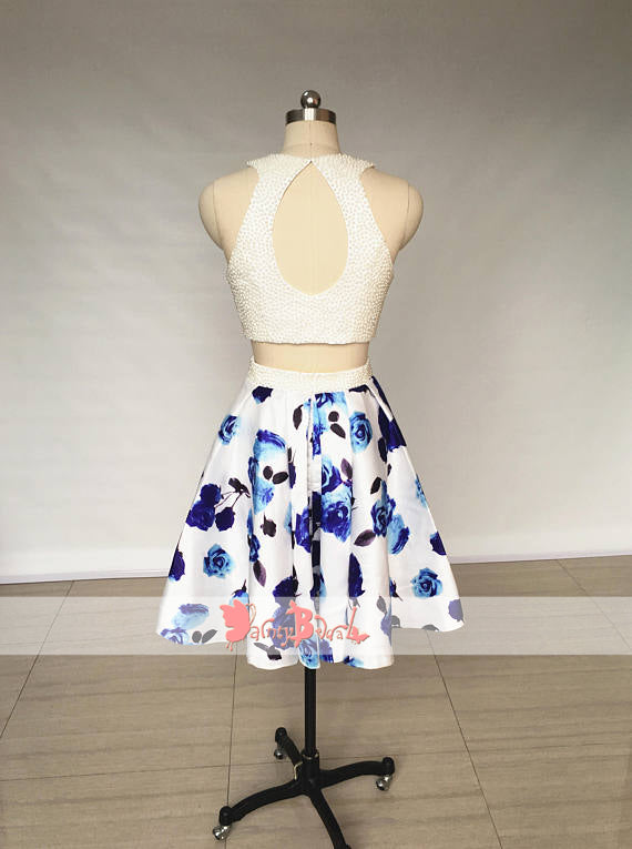 Two Piece Ivory Beads Top Floral Prints Open Back Junior Homecoming Dresses,BD0163