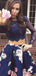 Two Piece Navy Lace Floral Satin Long Sleeve V-back Homecoming Dresses ,BD0193