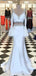 Two Piece White Satin Beading Long Sleeve Mermaid prom Dresses, DB1103