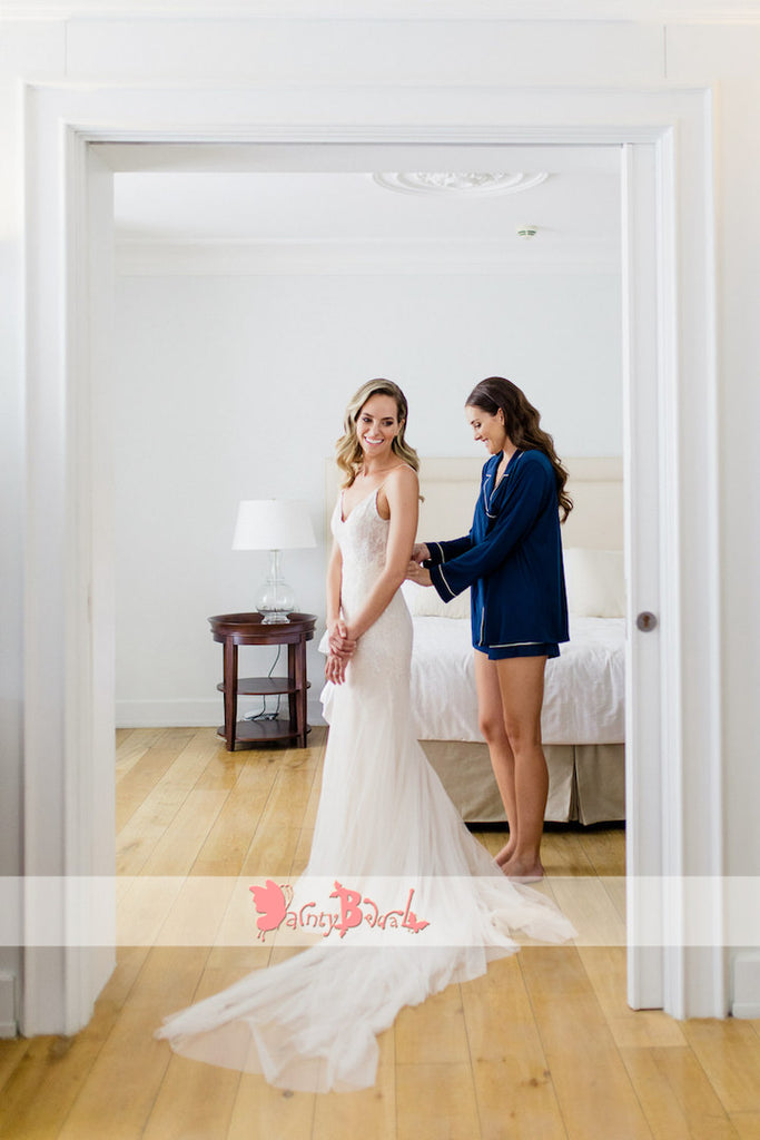 Vintage Lace Tulle Spaghetti Straps Mermaid V-neck Wedding Dresses,DB0148