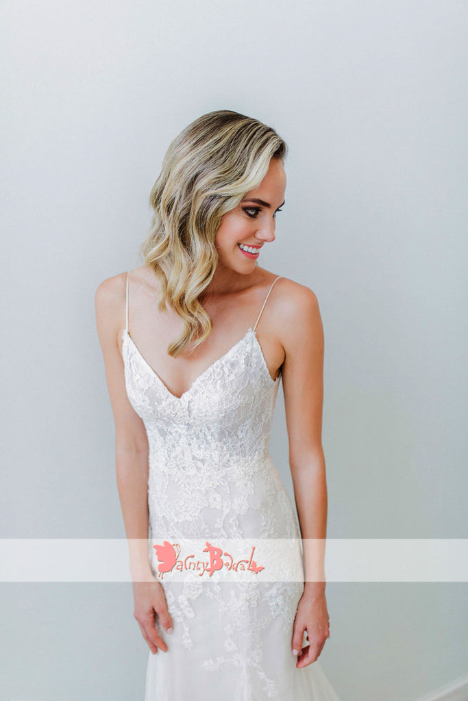 Vintage Lace Tulle Spaghetti Straps Mermaid V-neck Wedding Dresses,DB0148