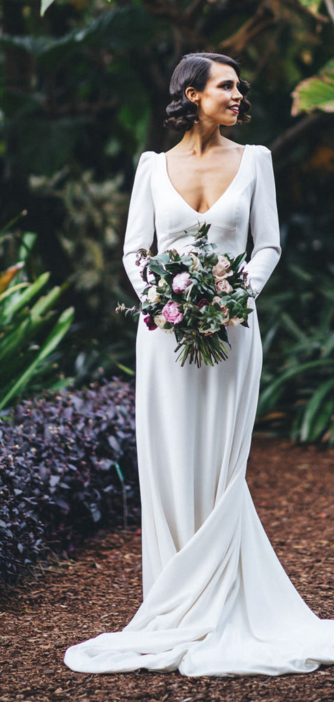 White Satin Long Sleeve V-neck With Train Simple Wedding Dresses,DB0164