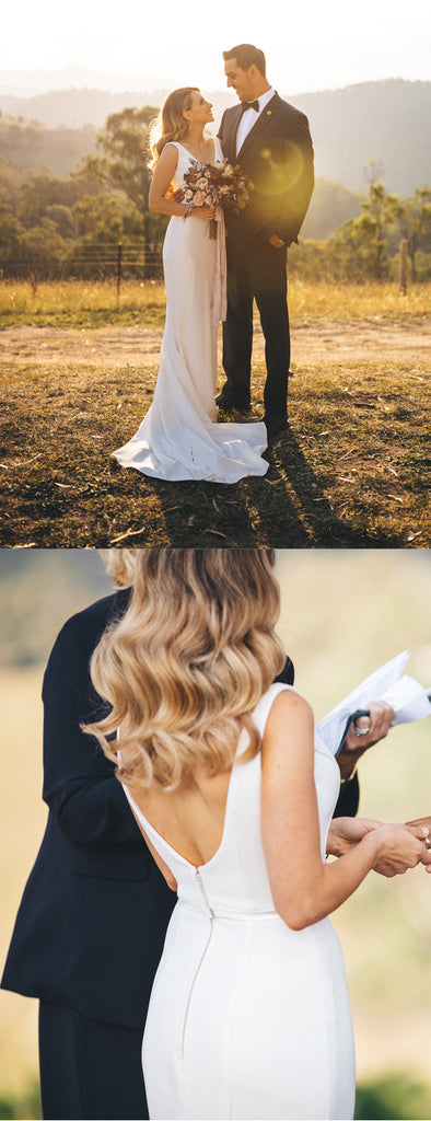 White Satin V-neck Sleeveless Mermaid With Train Wedding Dresses,DB0165
