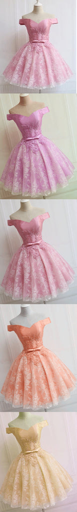 Lovely Pink  A-line Off-shoulder Sweetheart Lace Appliques Bow Sash Knee Length Homecoming Dress,BD0109
