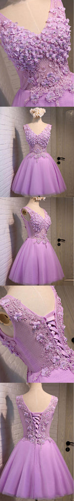 Junior Elegant Vintage Sleeveless V-neck Appliques Beads Lace Up Back For Teen Short Aline Homecoming Dress,BD0116