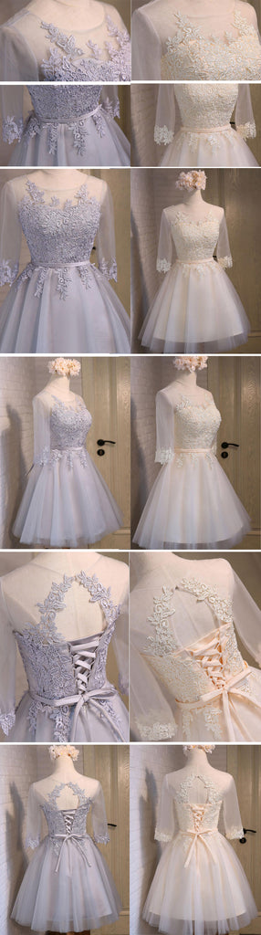 Three-quarter Illusion Sleeve Clairvoyant Outfit Keyhole Lace Up Back Organza Appliques Homecoming Dress,BD0134