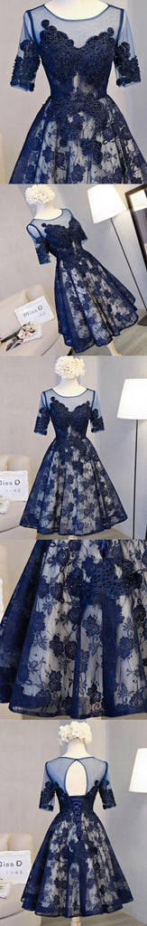 Vintage Half Sleeve Appliques Floral Prints Clairvoyant Outfit Lace Lace Up Back Tea-Length Homecoming Dress,BD0124